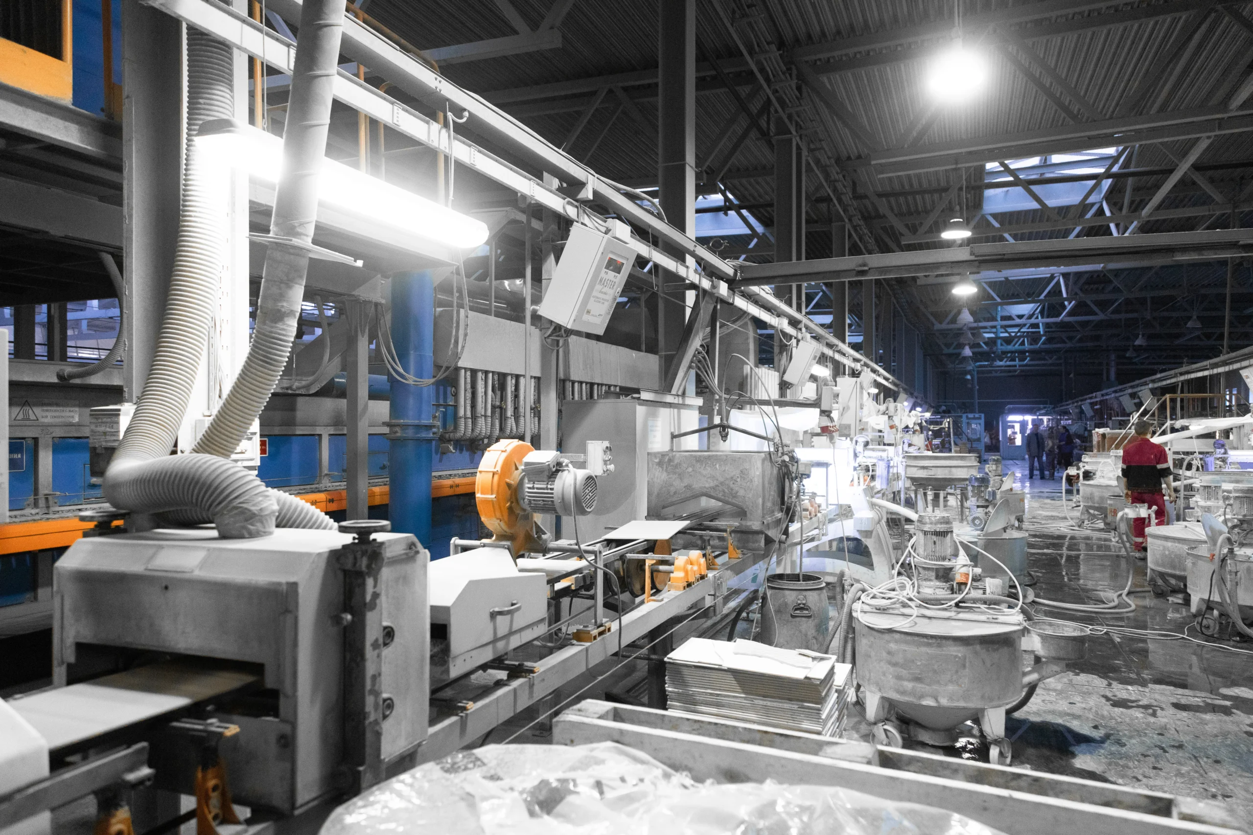 Cement factory interiors industrial cement production conveyor workers shop production line